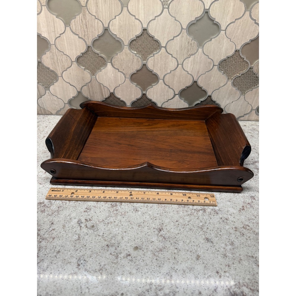 Vintage Dark Wood Valet Tray Scalloped Edge Desktop Organizer Serving Platter